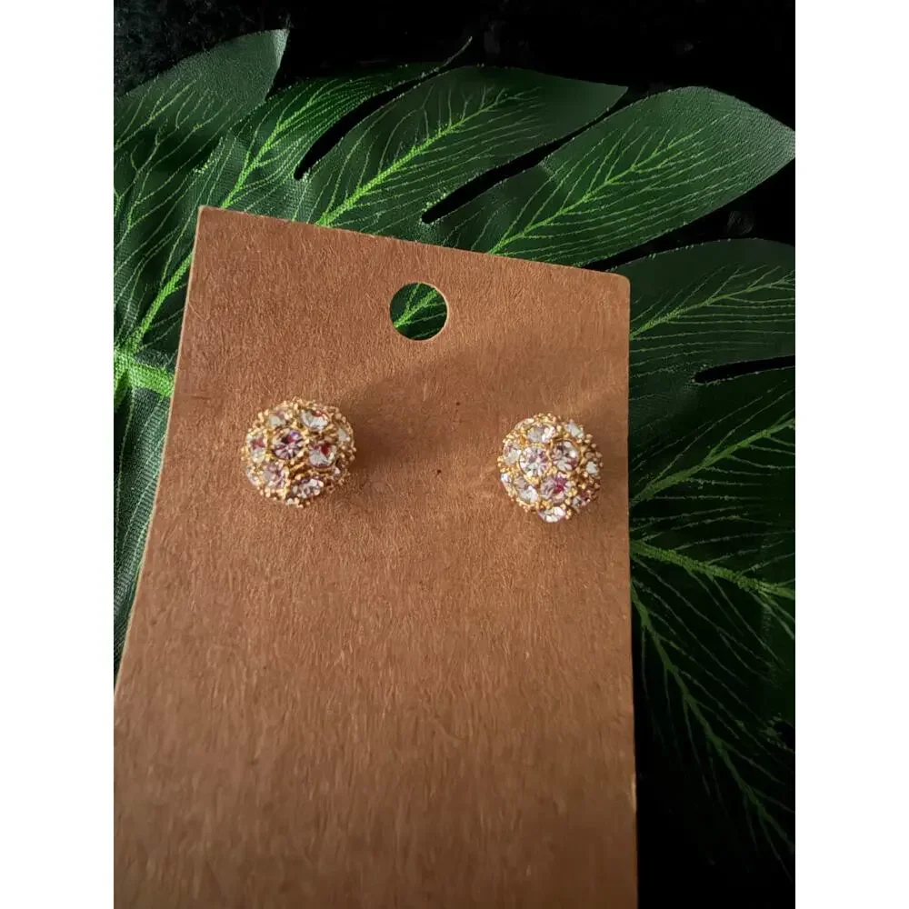 Gold Tone Clear Rhinestone Pavé Crystal Ball Cluster Stud Earrings